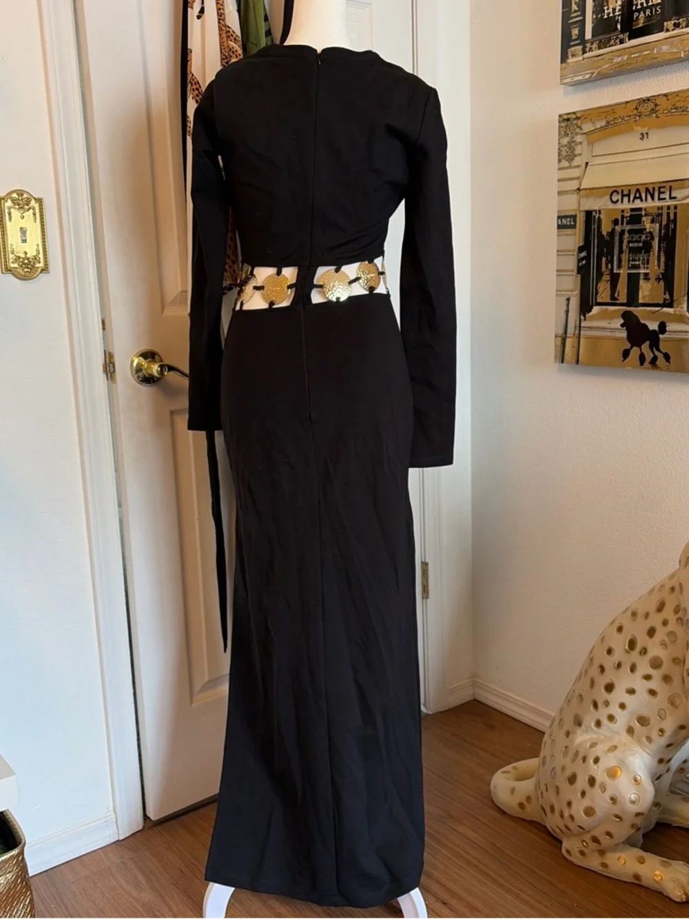 STAUD Black Long-Sleeve Maxi Dress with Gold Disk Accents - Picture 3 of 3